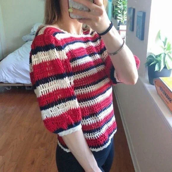 Ulla Johnson Amata Puff Sleeve Striped Sweater Red XSP - Picture 4 of 8